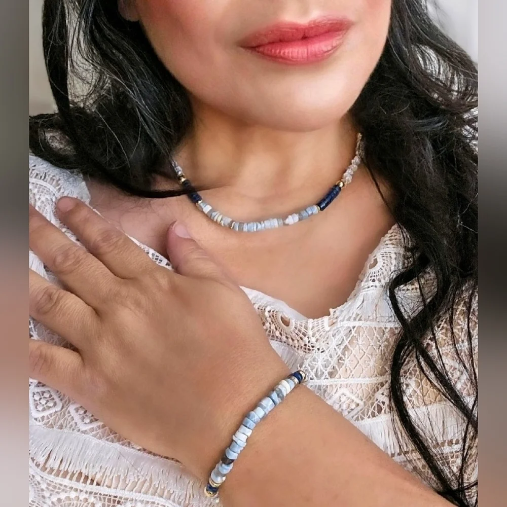 Nature's Blue Opal & Kyanite W/ Keshi Pearls In Statement Gold Plated Bracelet
